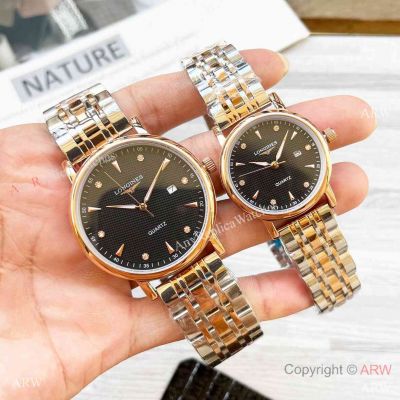 Copy Longines Master Lovers Watches Half Rose Gold Black Dial